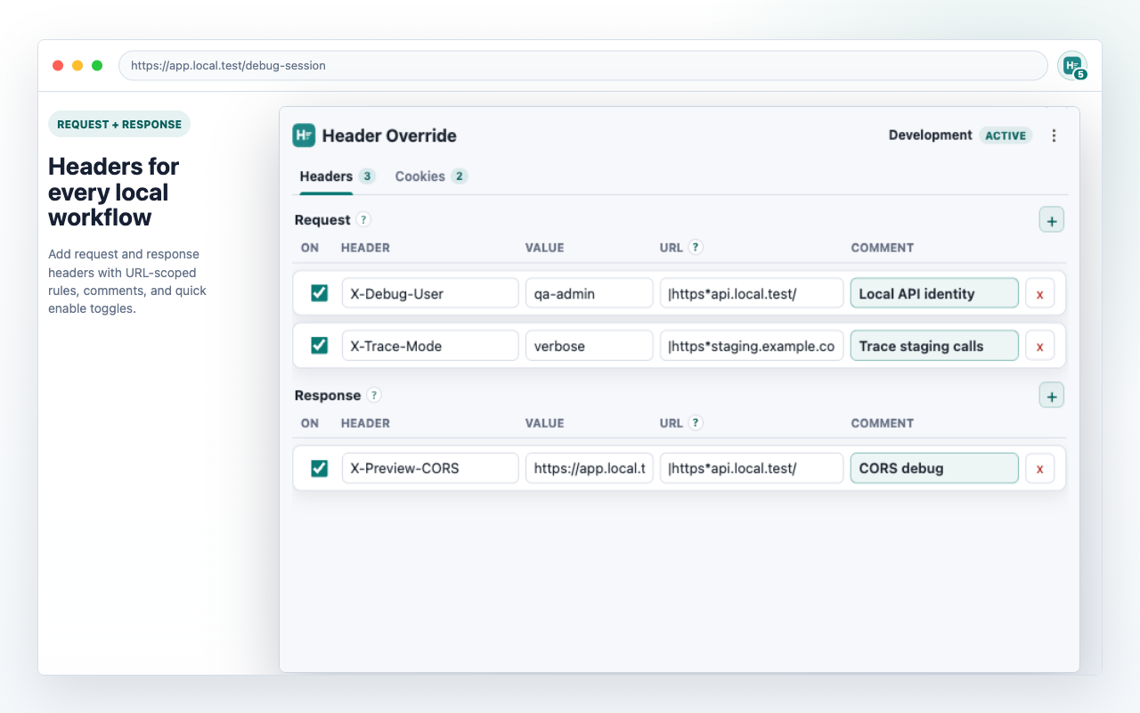 Header Override popup showing request and response header rules