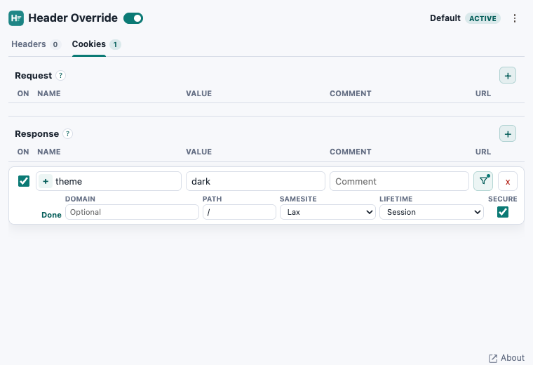 Header Override extension showing a theme response cookie with value dark and editable cookie attributes