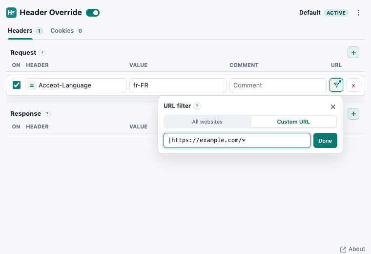 Header Override extension showing an Accept-Language request header and a custom URL filter for example.com