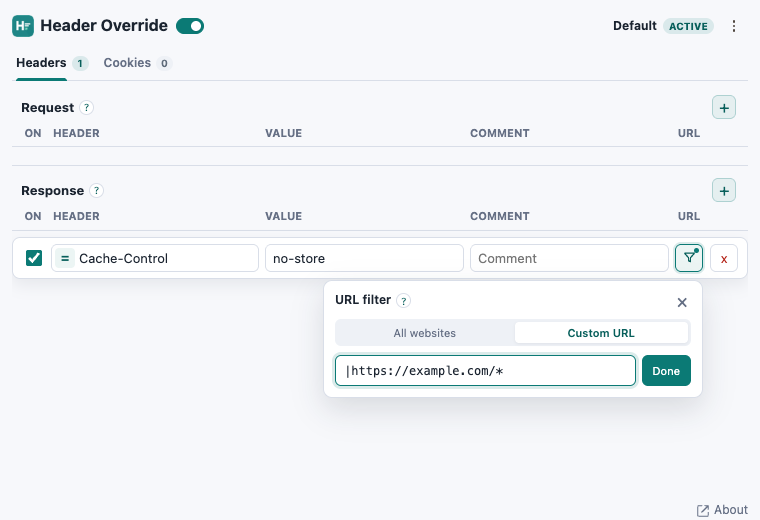 Header Override extension showing a Cache-Control response header and a custom URL filter for example.com