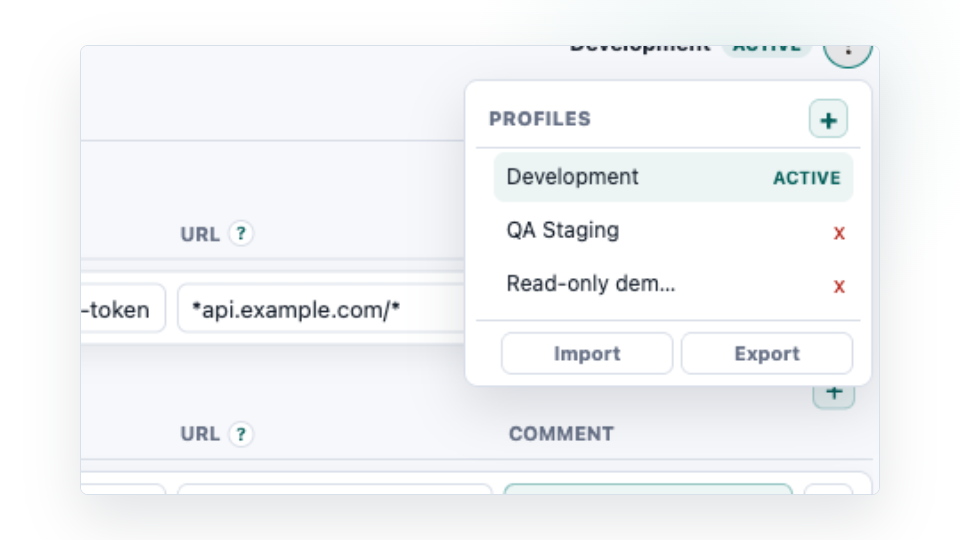 Zoomed Header Override profile dropdown showing Development, QA Staging, Read-only demos, Import, and Export
