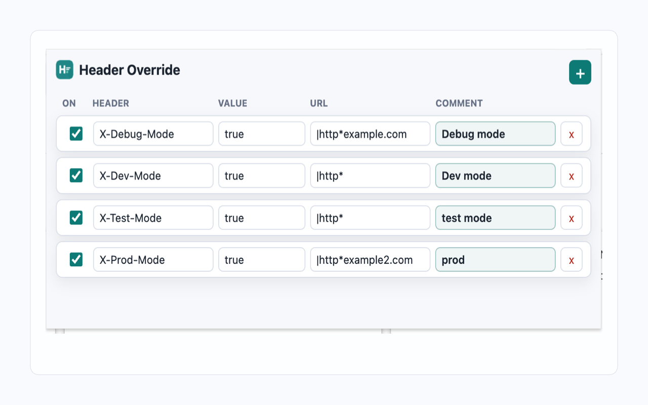 Header Override extension popup with scoped request header rules